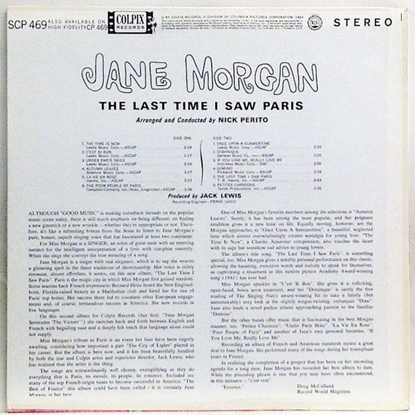 Hi Fi Record Store ジェーン モーガン Jane Morgan Last Time I Saw Paris